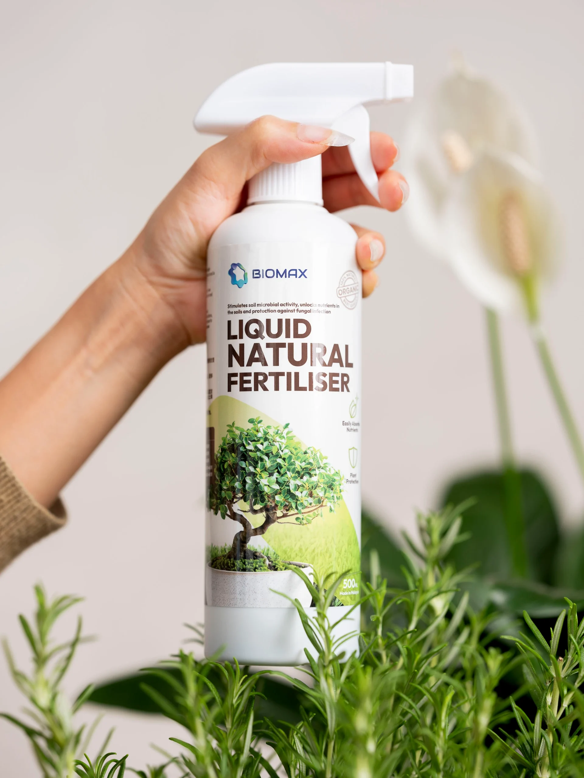Biomax Natural Liquid Fertiliser Singapore bottle held near indoor plants